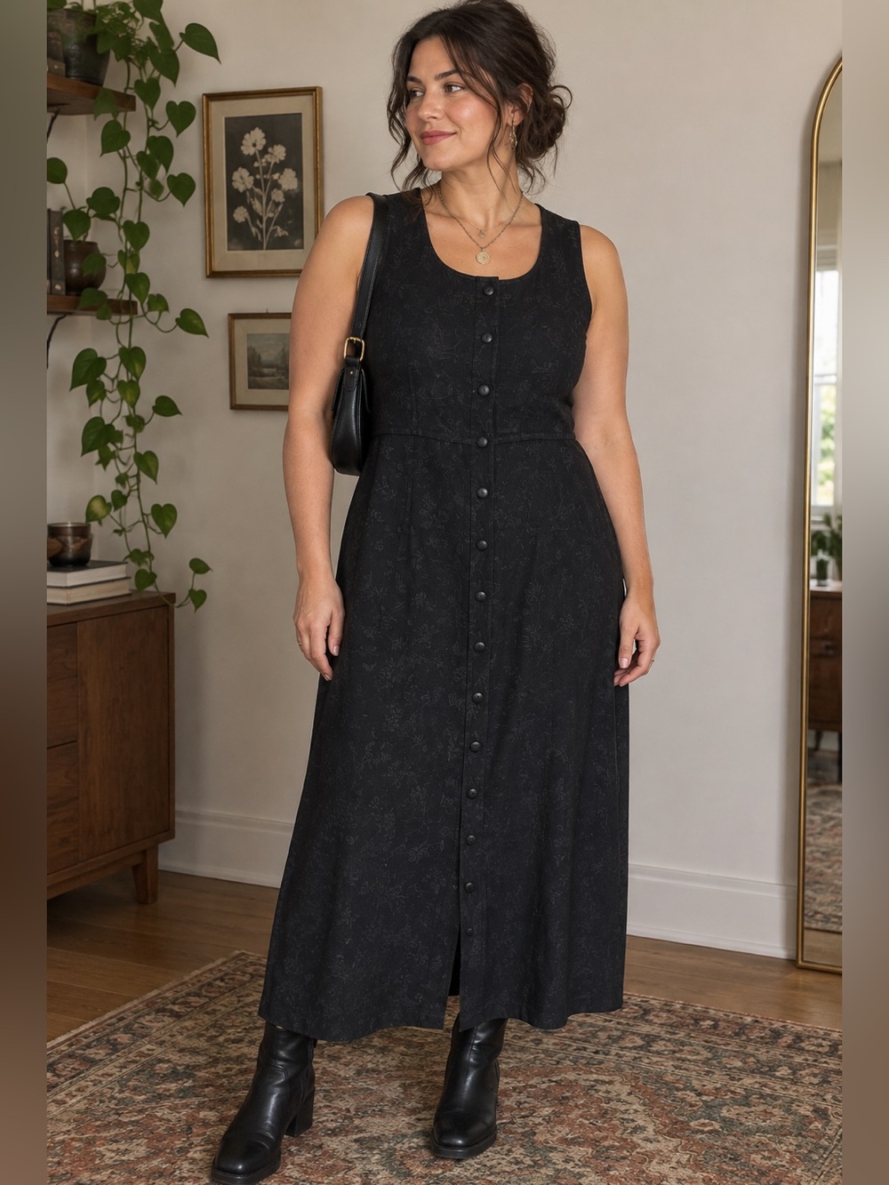 Christopher & Banks Black Sleeveless Button-Front Maxi Dress Floral Texture 8/10